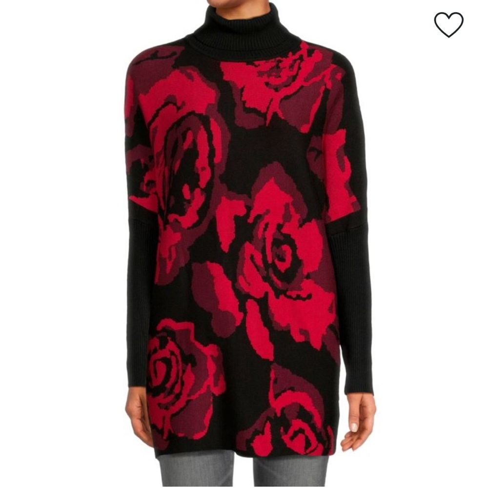 Joseph A Black Turtleneck Sweater with Red Rose Print